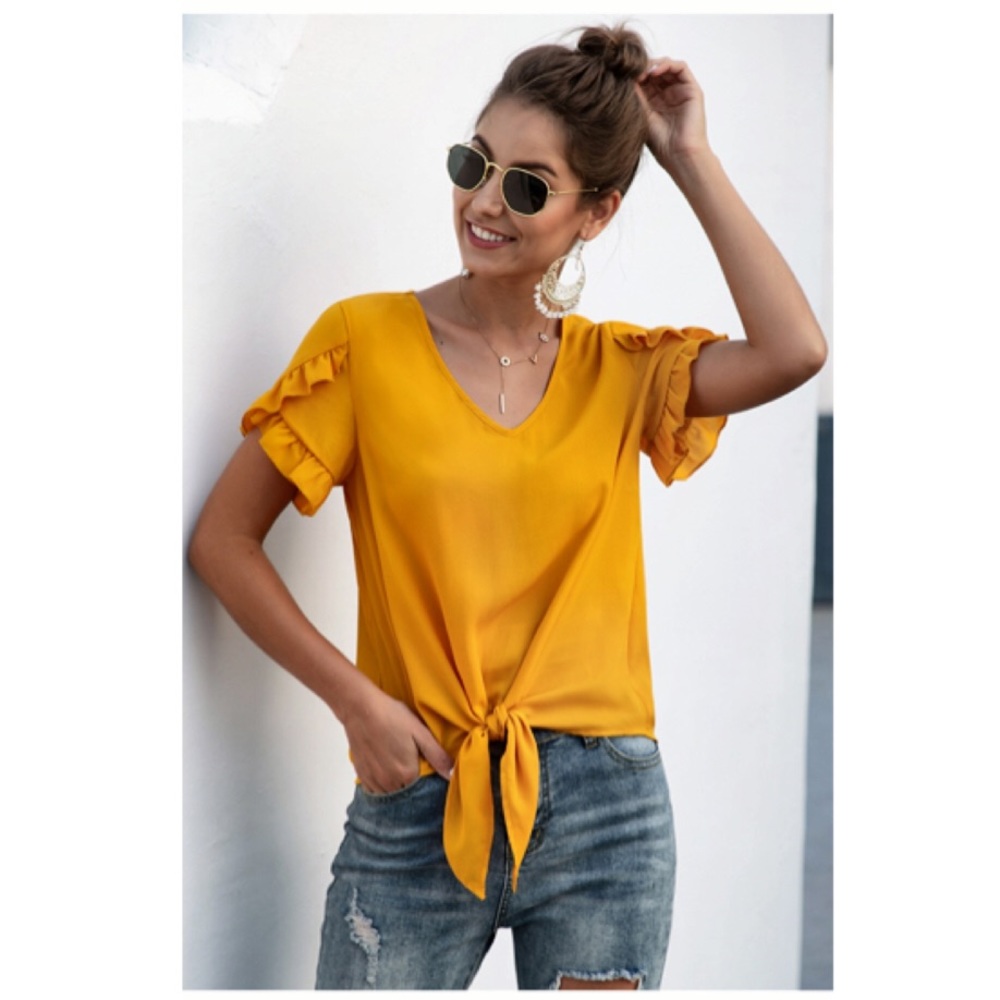 Mustard Flutter Sleeve Tie Top SZ M! NEW!